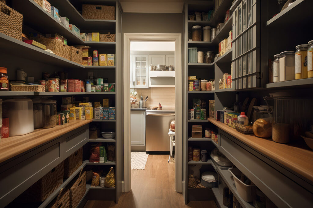 玄関からパントリーとキッチンへつながる家事効率のよい間取り例