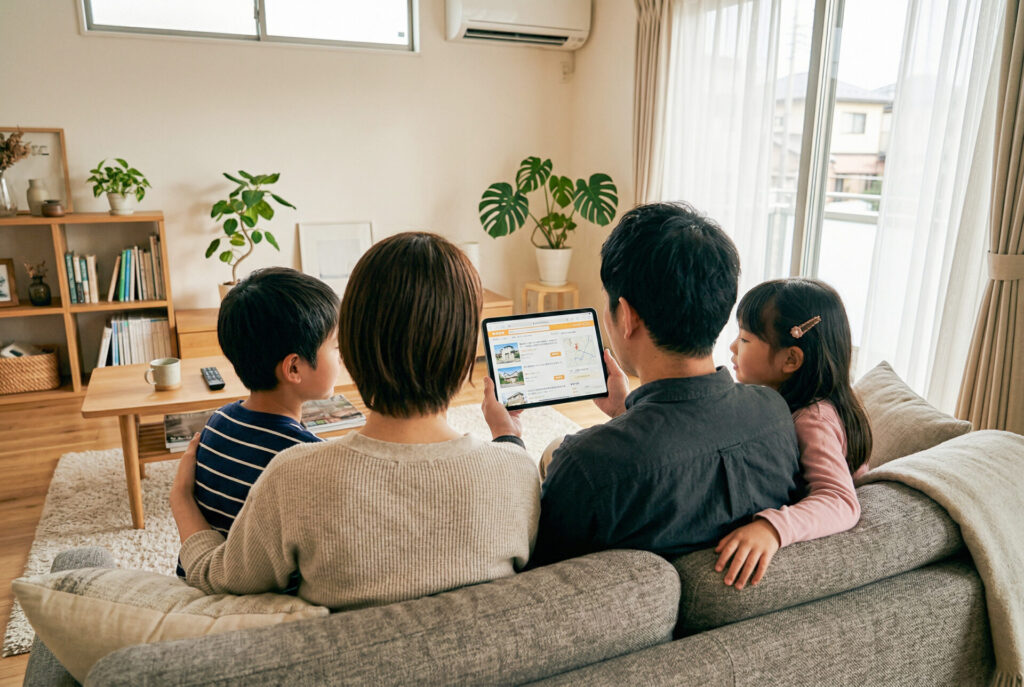 注文住宅の用途地域を確認しながら土地選びをする家族のイメージ