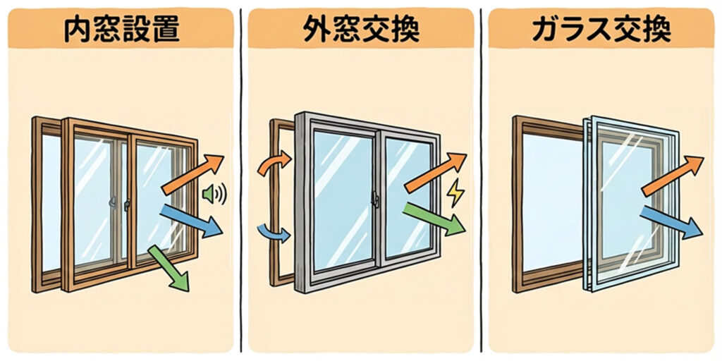 window-renovation-comparison-inner-window-glass-replacement_ | アップルホーム 内窓設置と外窓交換とガラス交換の違いを比較しているイメージ