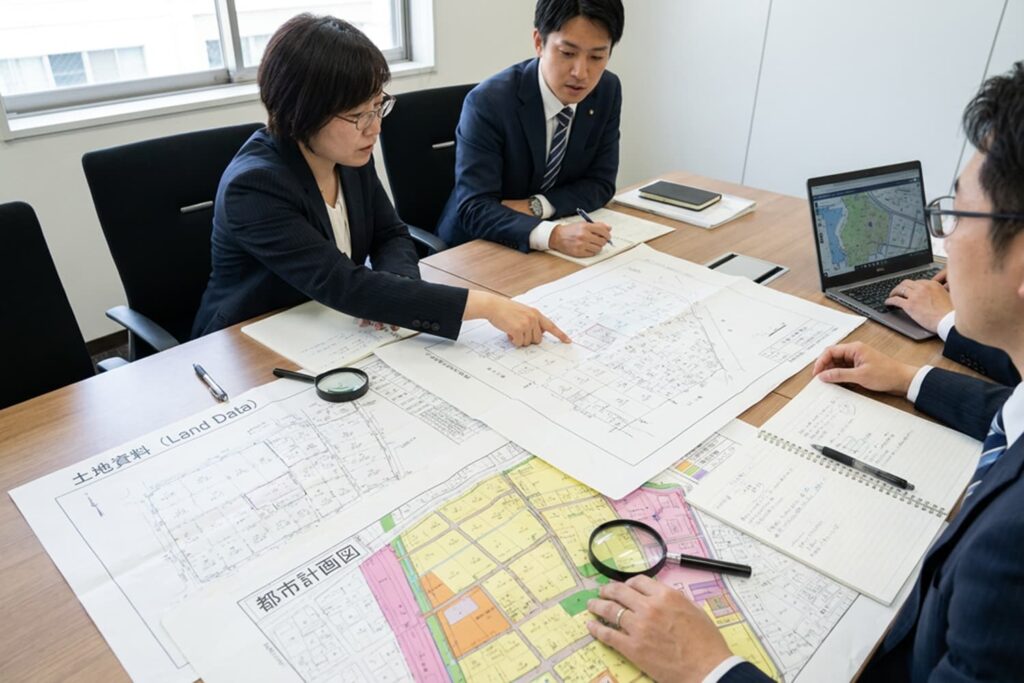 農地転用の可否を確認するために土地資料と都市計画図を見比べる様子