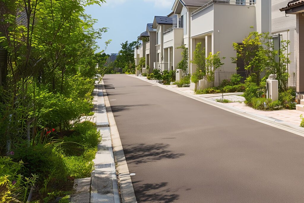 指定道路図と現地を照らし合わせて道路条件を確認する様子