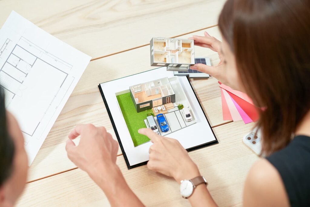 セットバック後の有効面積で建物配置を検討する様子