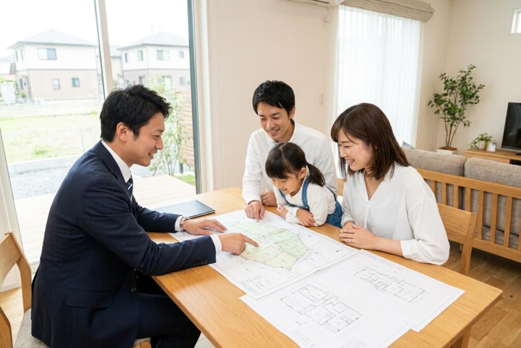 注文住宅の土地購入前に販売図面とハザードマップを確認する相談風景