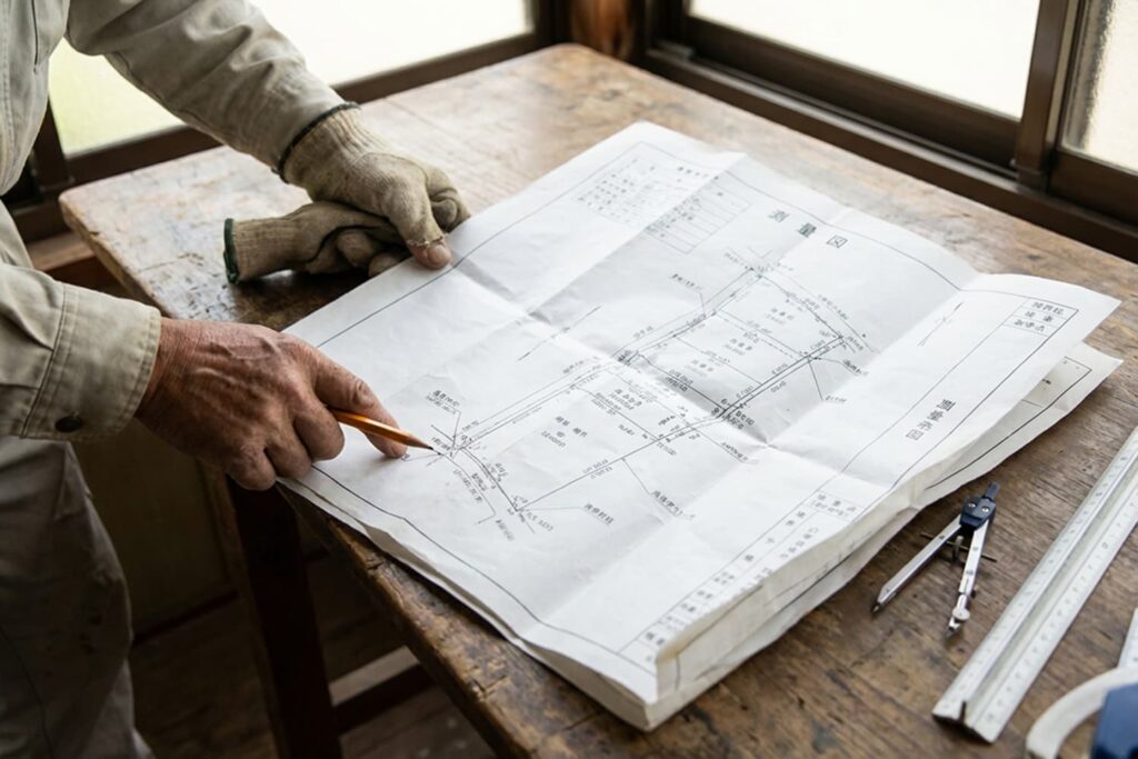 確定測量図と建物配置を見ながら土地条件を確認する打ち合わせ