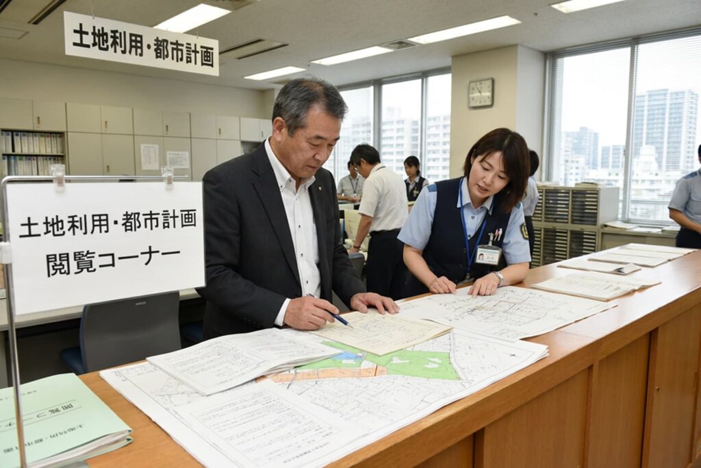 市役所で土地に関する資料確認を行うイメージ