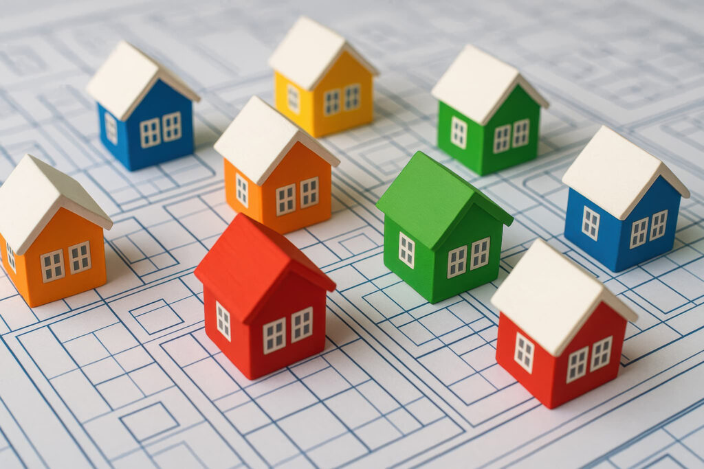 都市計画図で防火地域と準防火地域の指定を確認する様子