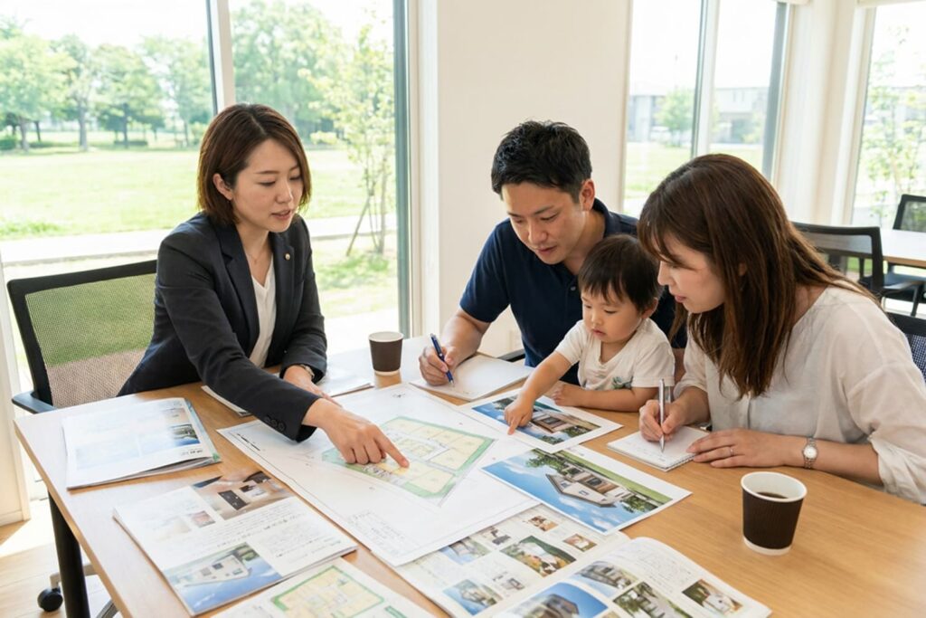 注文住宅の土地選びで洪水ハザードマップを確認する家族