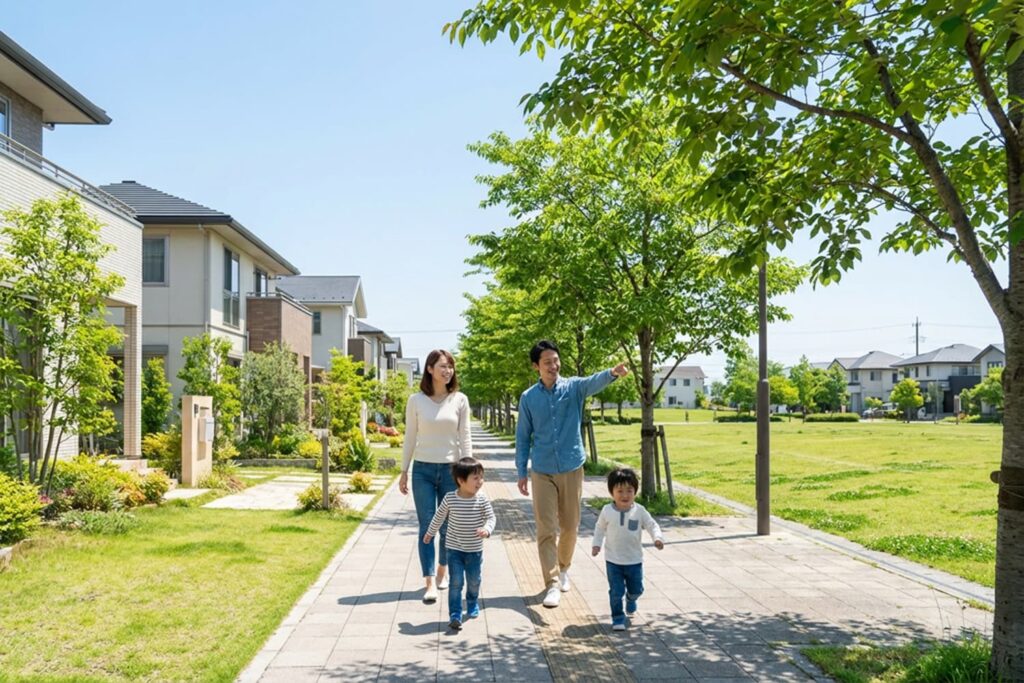 郊外の注文住宅で駐車場と庭を計画する子育て世帯