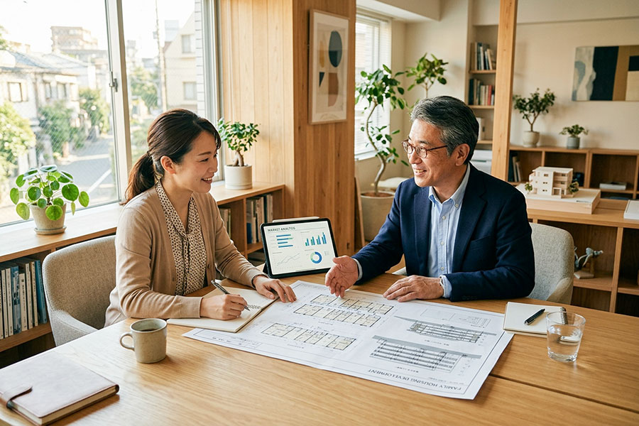 埼玉西部でアパート建築の事業計画を相談するオーナーの打ち合わせイメージ