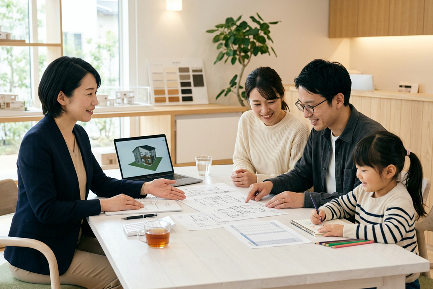 注文住宅の資金計画について相談する家族と住宅アドバイザー