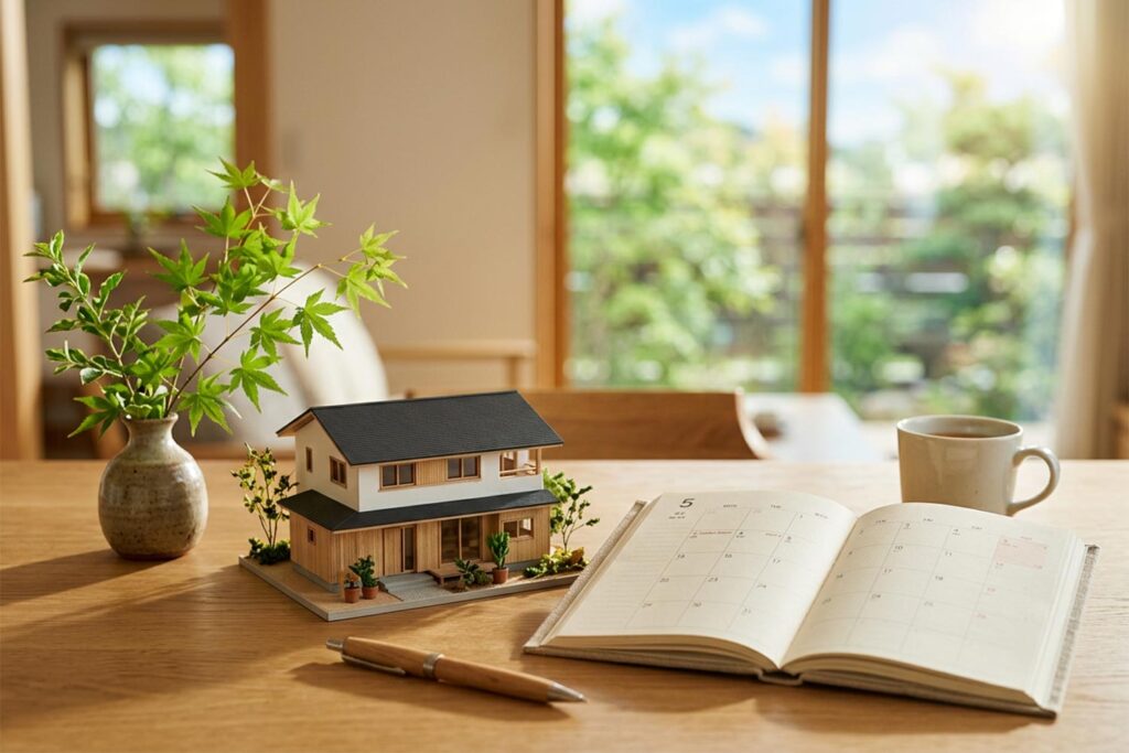 GWの住まい相談やモデルハウス見学予約をイメージした住宅模型と手帳の写真