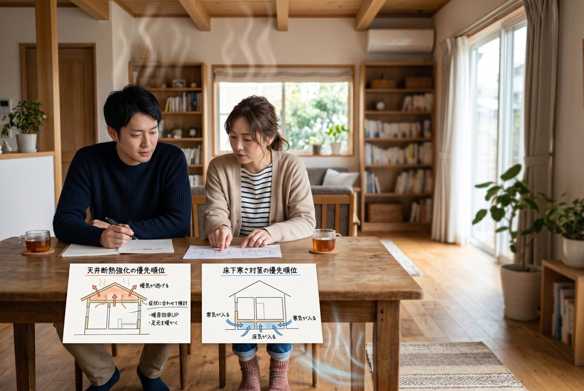 天井断熱と床断熱の特徴を比較しているイメージ