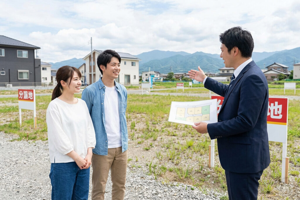 注文住宅の土地条件を現地で確認している様子