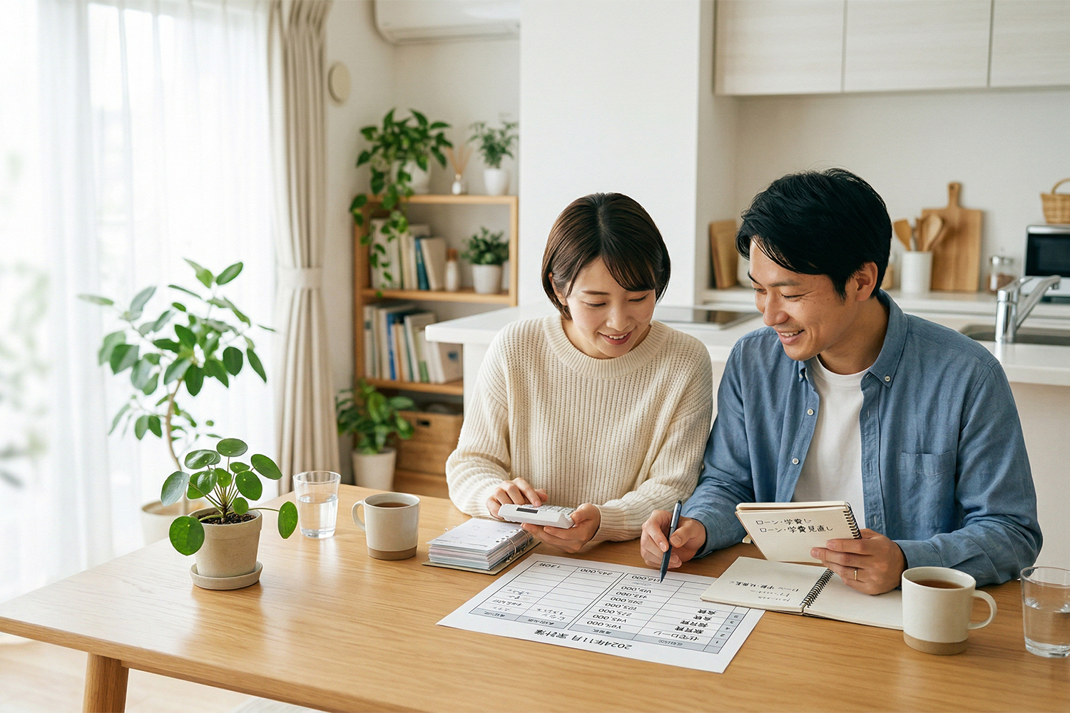 共働き夫婦が毎月返済額と教育費を家計表で確認している様子
