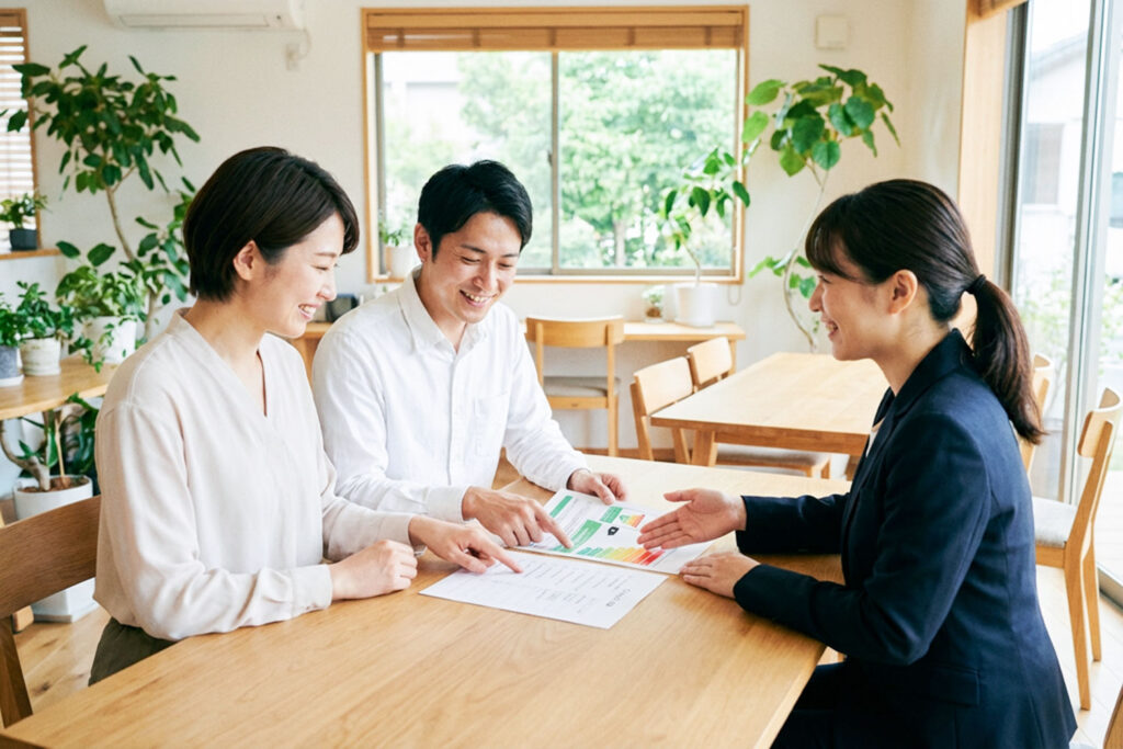 住宅会社と省エネ性能ラベルの確認ポイントを相談する家族