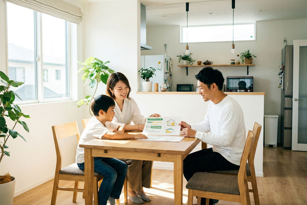 家族が省エネ性能ラベルの星や断熱性能を確認している様子
