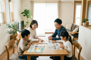 省エネ性能ラベルを見ながら注文住宅・建売・中古住宅を比較する家族