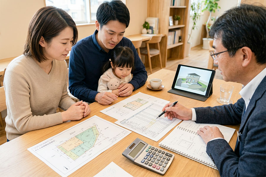土地代と建物予算をあわせて相談している家族のイメージ