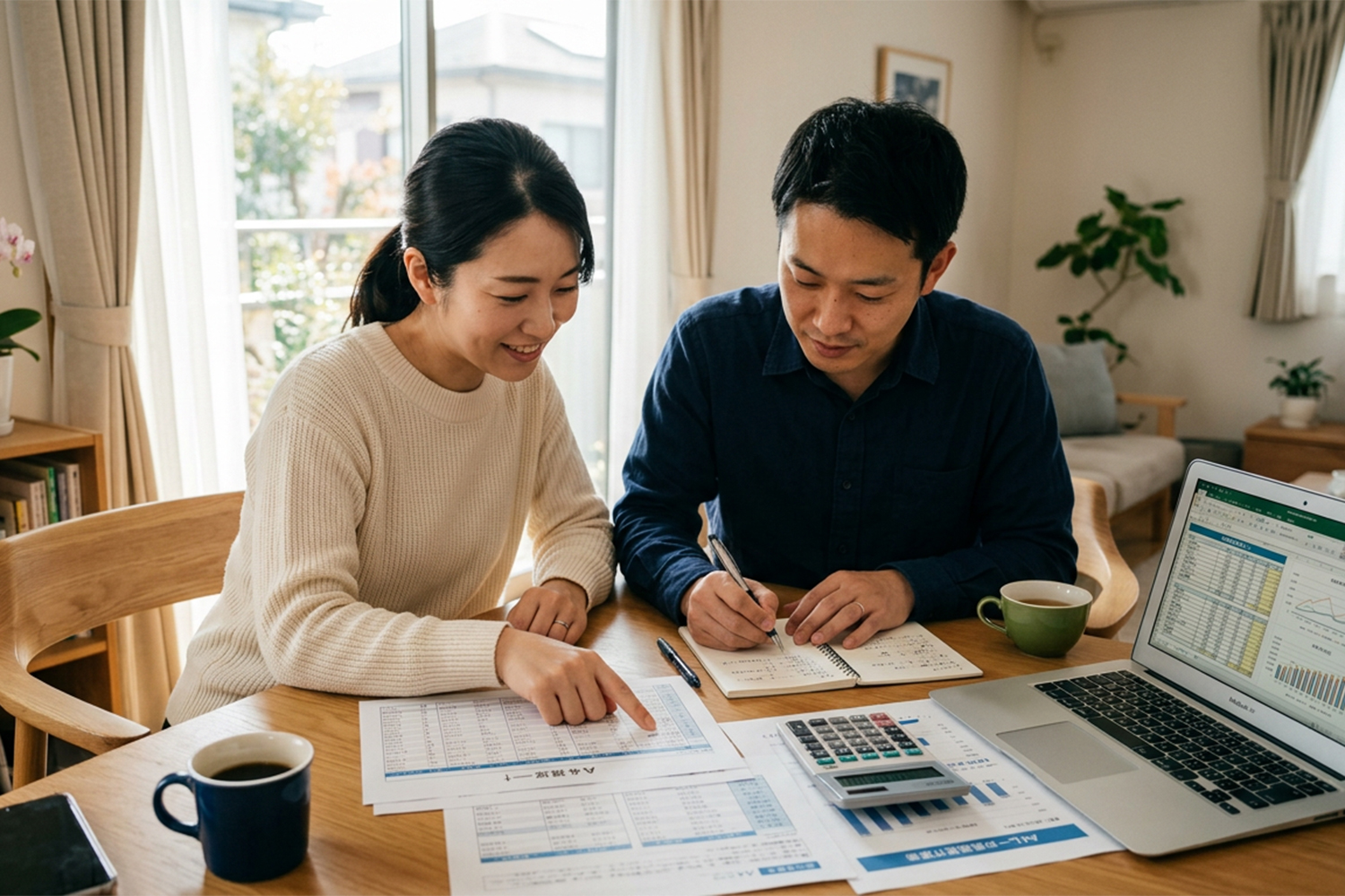 家計表を見ながら住宅ローン返済計画を話し合う共働き夫婦
