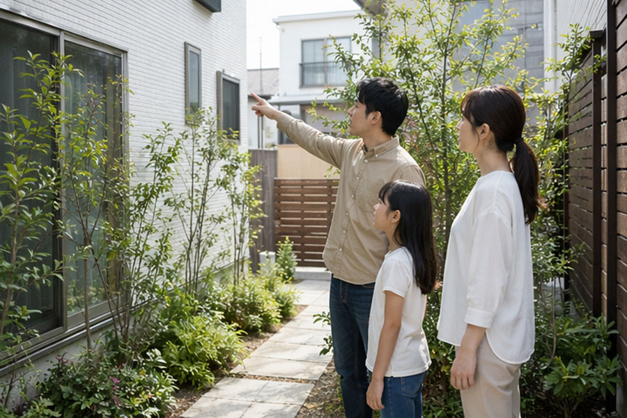 家族で窓の位置や外まわりの見通しを確認している様子