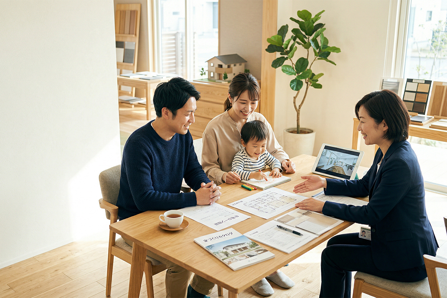 家づくり相談会で住宅ローンと商品選びを相談する子育て世帯のイメージ
