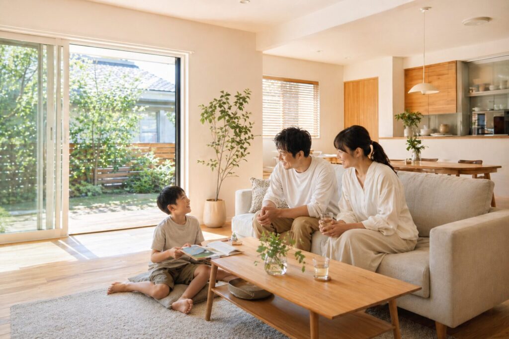 高断熱の明るいリビングで家族が快適に過ごす様子