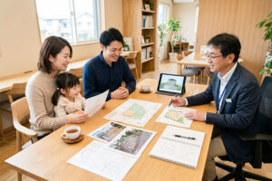 土地購入前に地盤改良費や擁壁の状態を確認する家づくり相談のイメージ