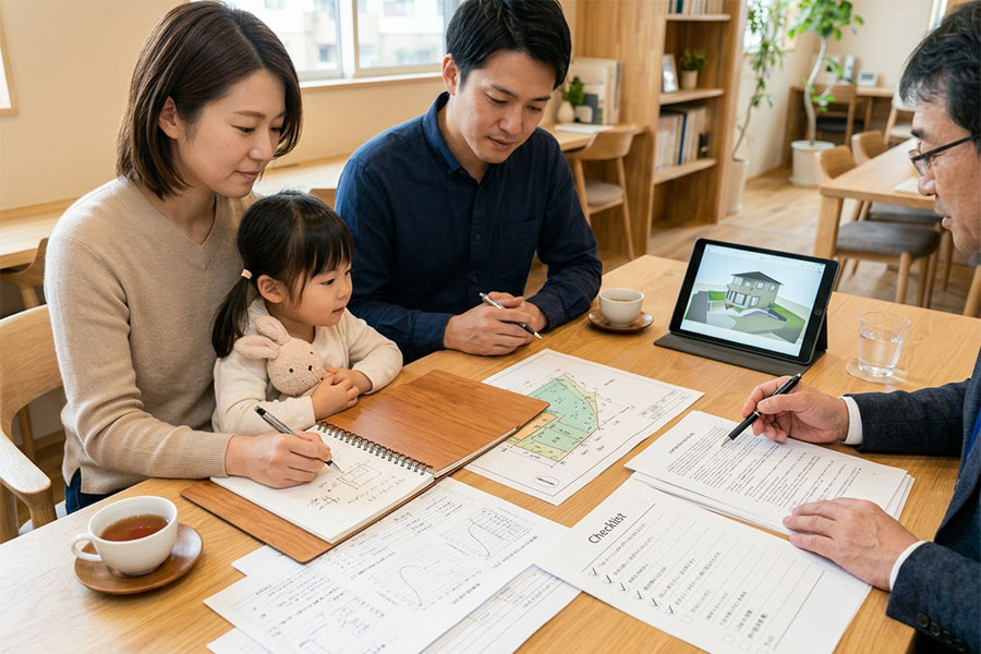 建築条件付き土地の確認項目をメモするイメージ