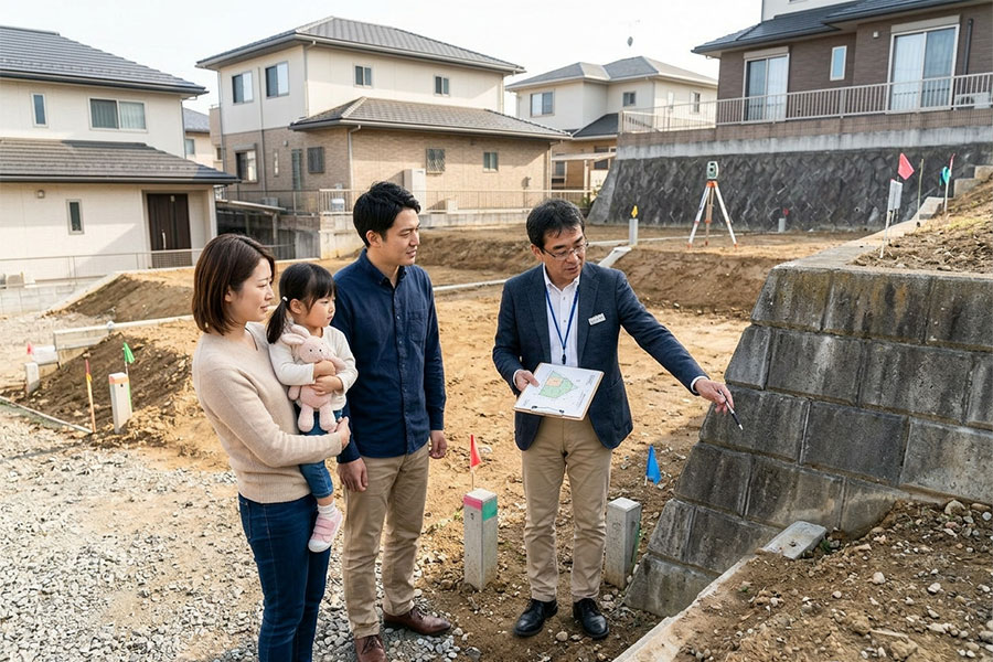 高低差のある土地と既存擁壁を現地で確認している様子