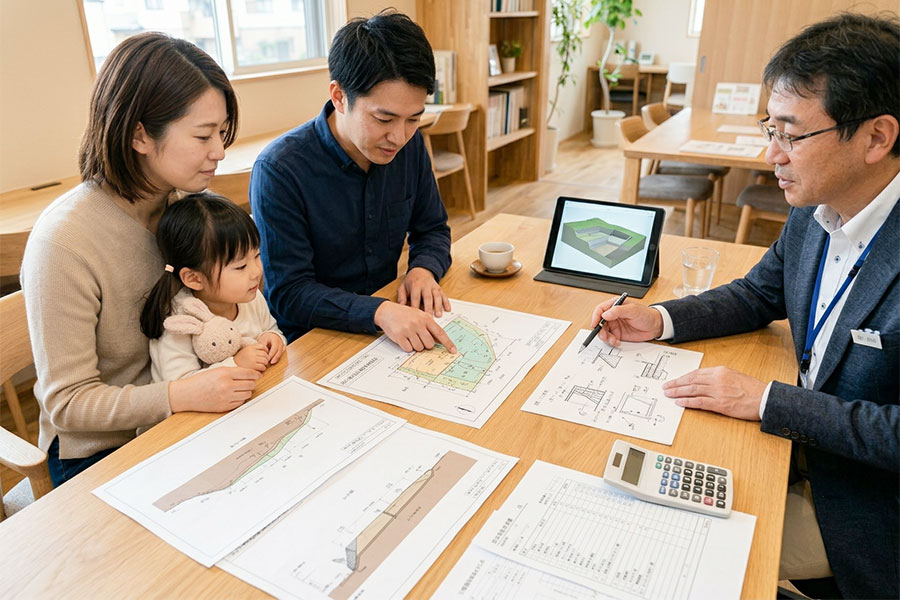 擁壁と造成計画の図面を見ながら費用を確認しているイメージ