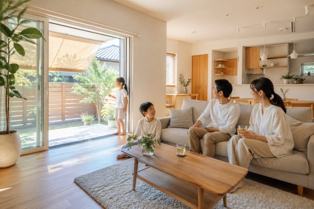 埼玉西部で夏に暑くなりにくい家を検討する家族と明るいリビング