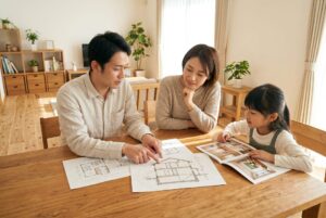 半地下のある家のメリットとデメリットを比較しながら判断する家族のイメージ