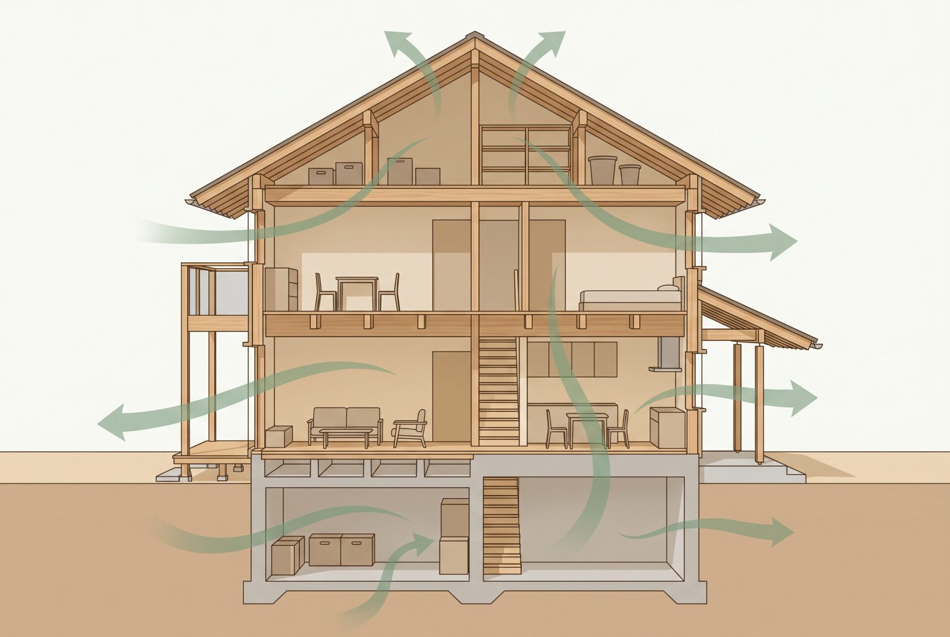 半地下のある家の断面イメージと1階2階とのつながり