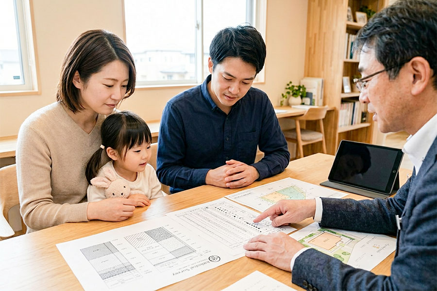 住宅計画前に地盤調査の内容を確認しているイメージ