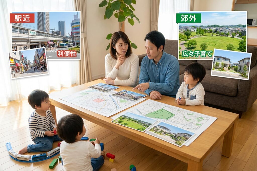 注文住宅で駅近と郊外を比較し子育てしやすい住まいを検討する家族