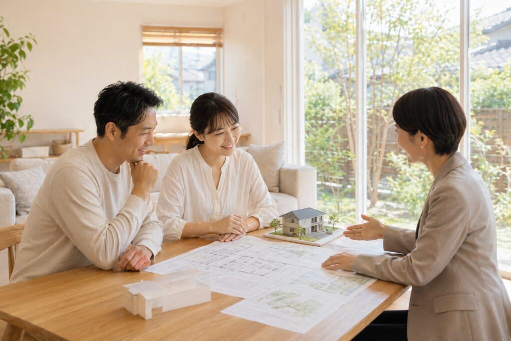 夏の暑さに配慮した家づくりを相談する夫婦と住宅アドバイザー