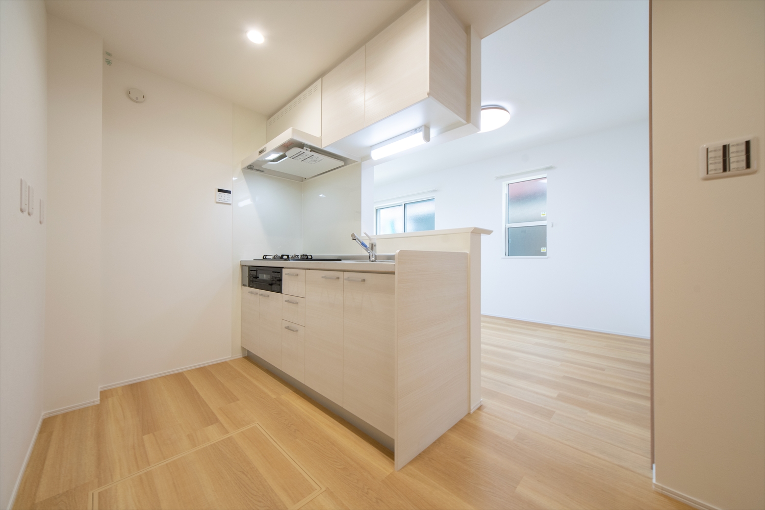 1号室の対面キッチンと明るいリビング空間