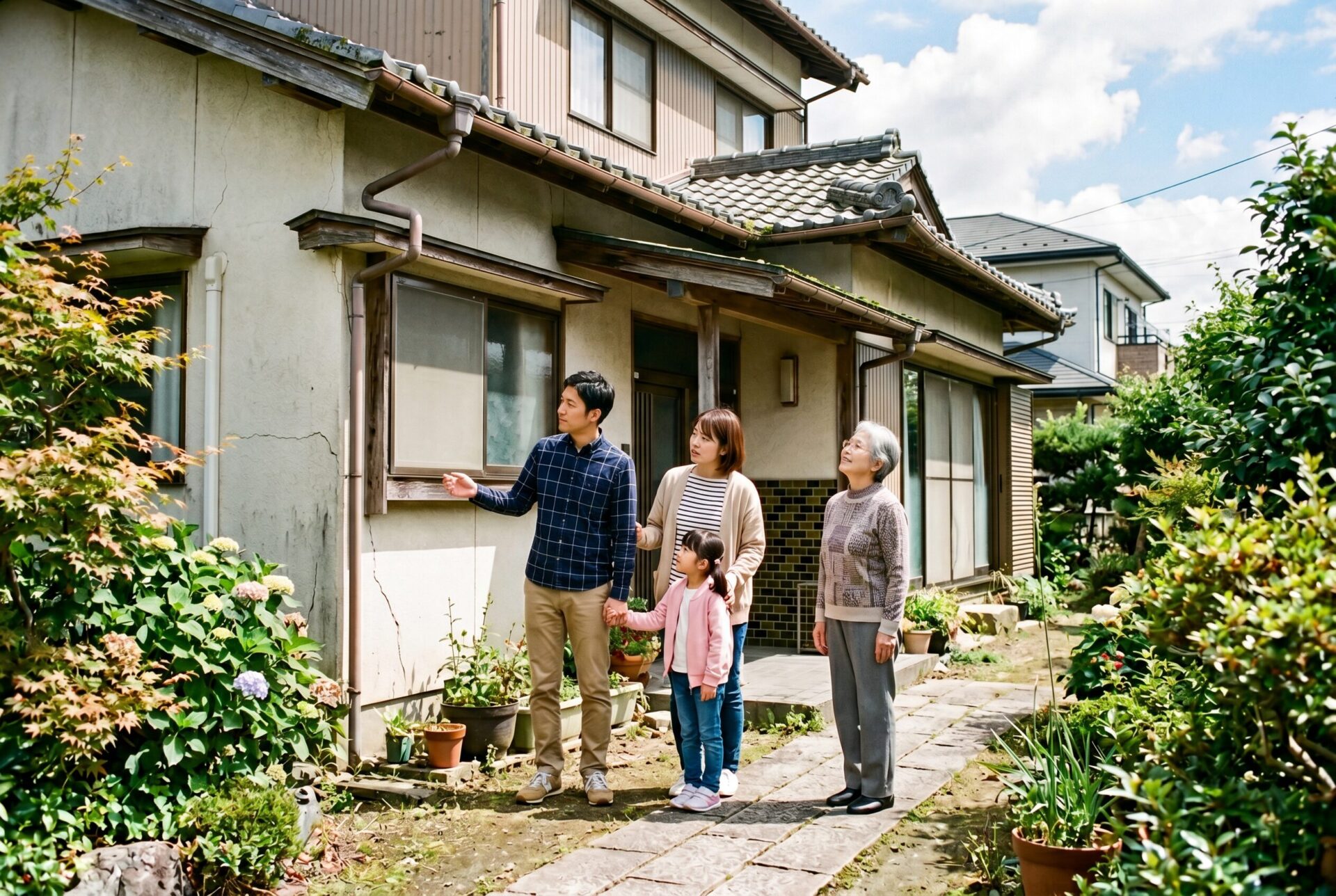 空き家になりそうな実家の外観や劣化状況を確認しているイメージ