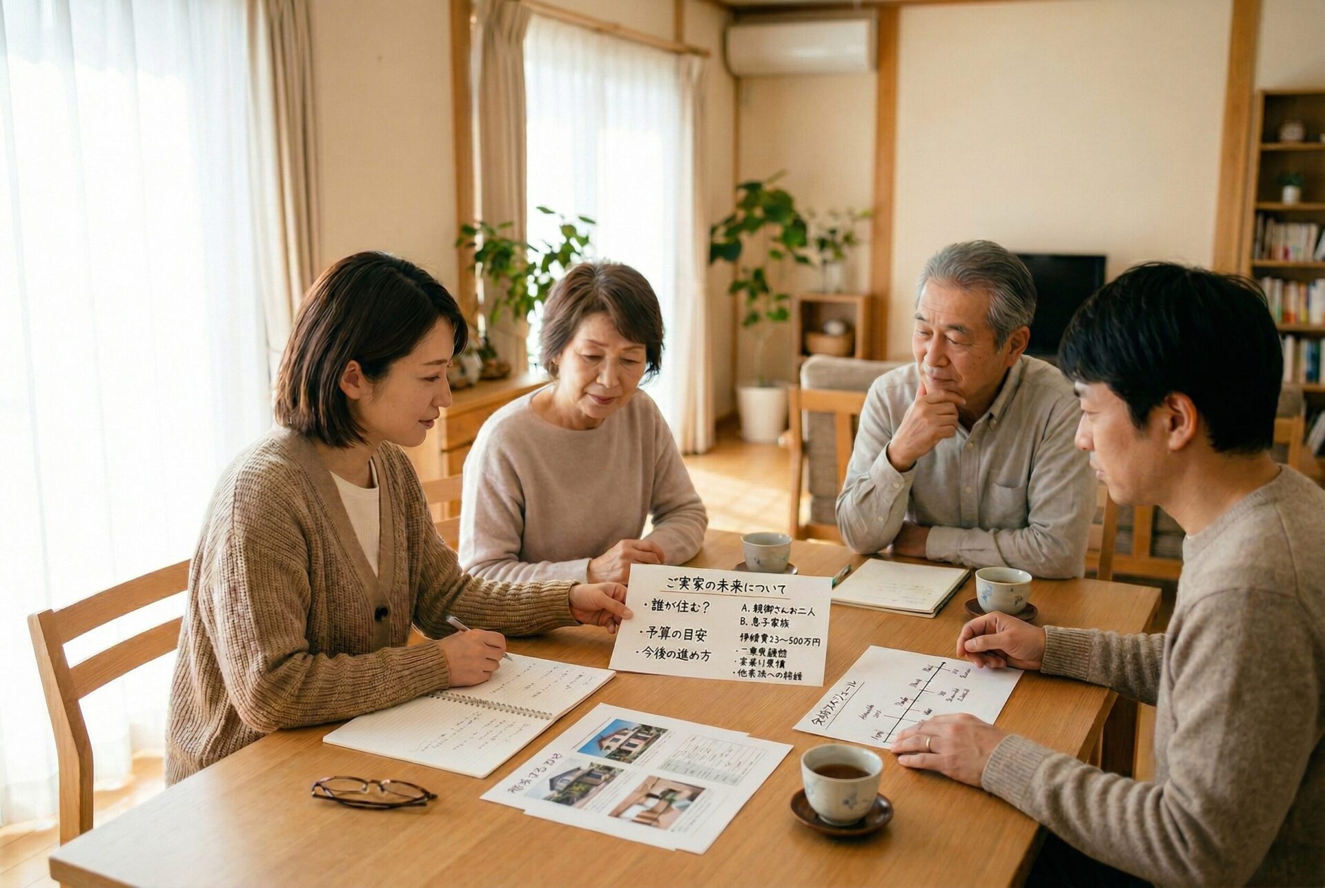 実家の活用方針を家族会議で整理している様子
