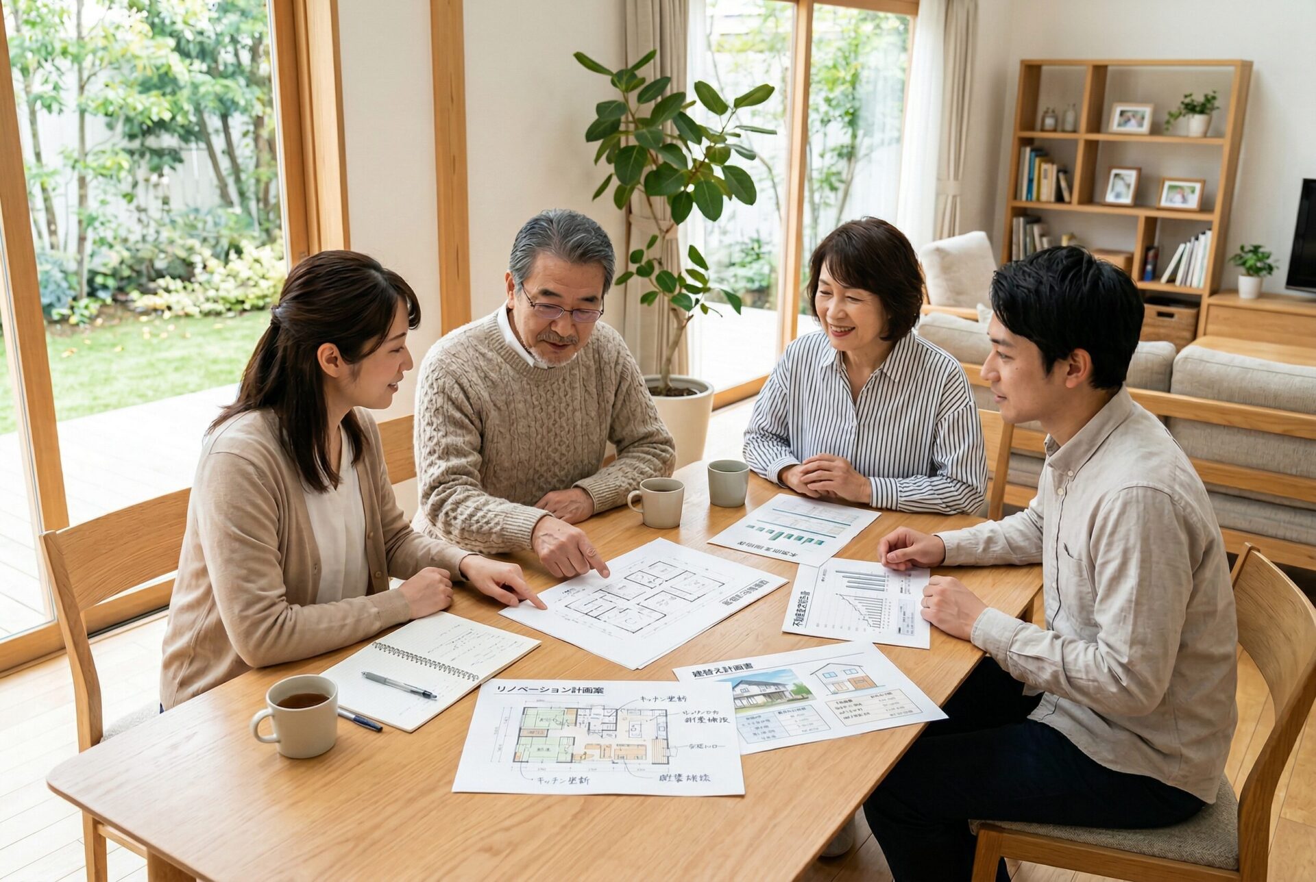 空き家になりそうな実家について家族で建て替え・リノベ・売却を比較検討しているイメージ