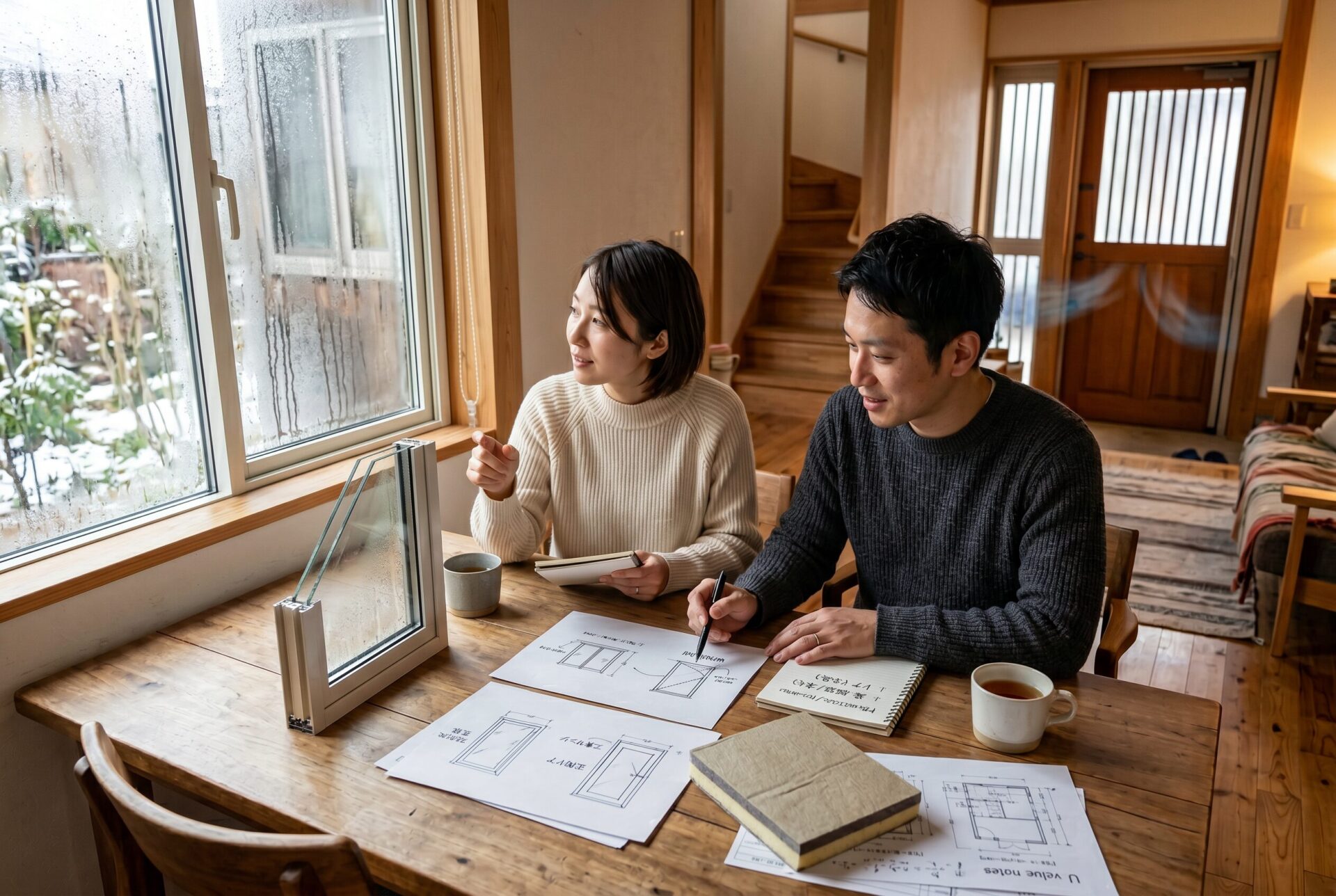 窓と玄関ドアの断熱改修を比較しているイメージ