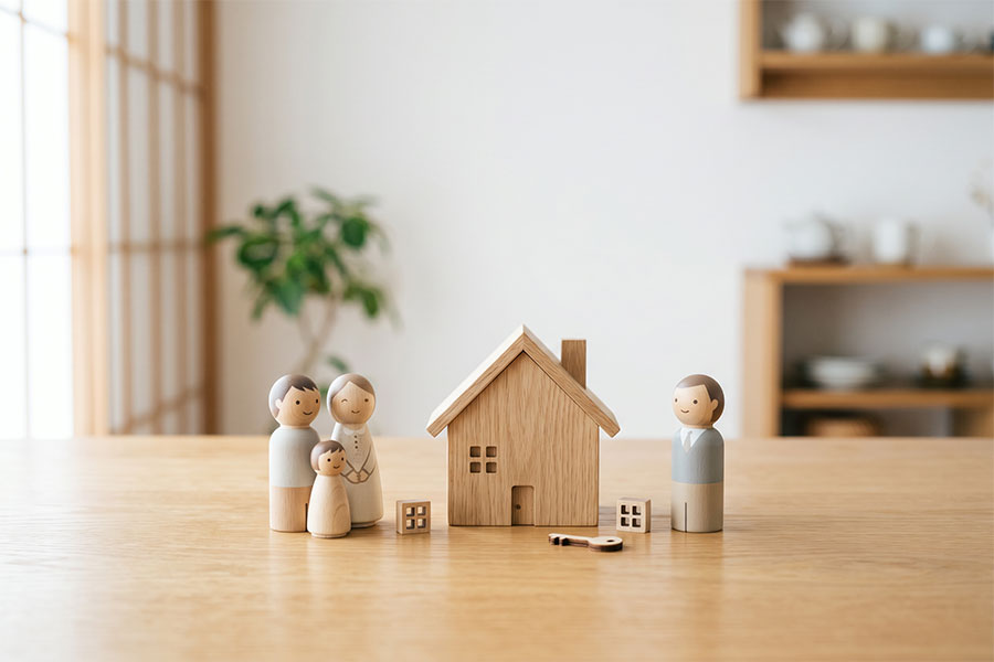 窓の防犯リフォームをイメージした木製の家と家族のオブジェ