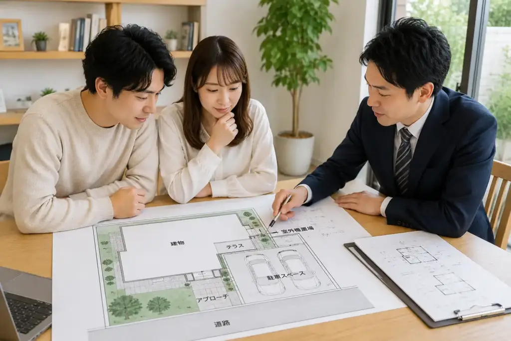 注文住宅の外構図で室外機置場と駐車スペースを確認する様子