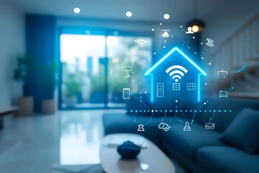 注文住宅のスマートロックと屋外カメラの設置場所を確認する様子