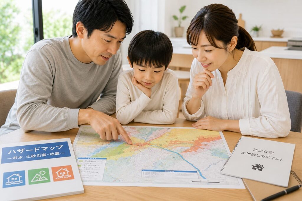 注文住宅の土地選びでハザードマップを確認する家族