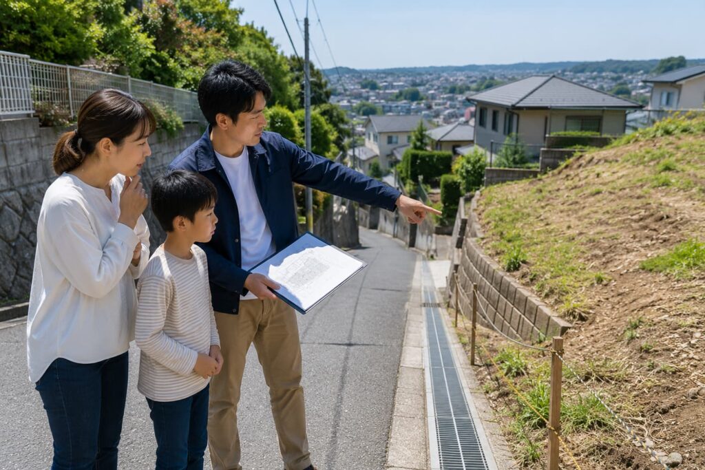 注文住宅の土地購入前に現地の高低差と道路を確認する様子
