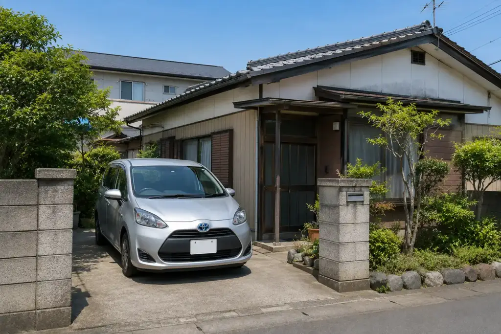 実家の外観と敷地条件を確認している写真 | アップルホーム 実家の道路付けや駐車スペースを確認して建て替えを検討している様子