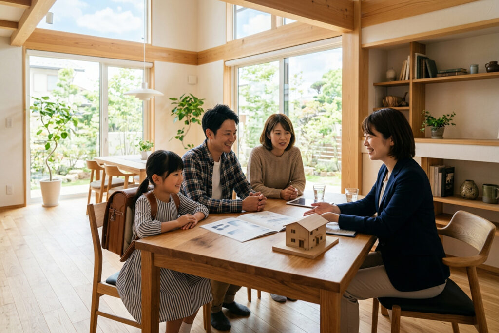 アップルホームで住宅性能について相談する家族