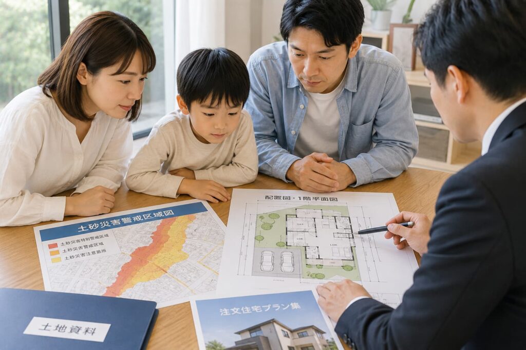 土砂災害警戒区域の土地資料と注文住宅の配置図を確認する様子