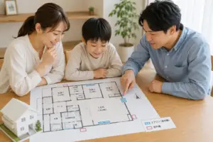注文住宅の間取り図を見ながらエアコン設置場所と室外機位置を確認する家族